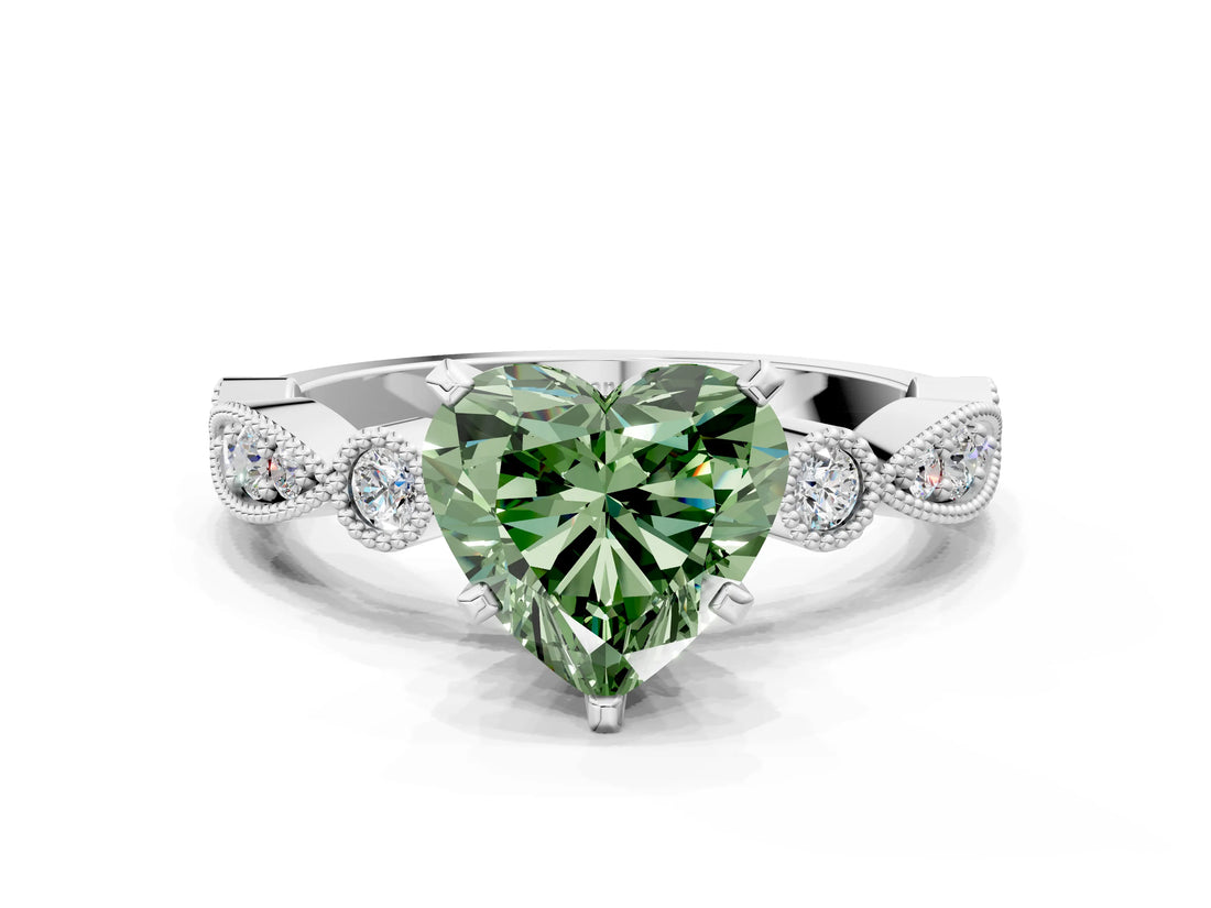 White gold Fancy Green Heart  Milgrain Bezel Diamond Engagement Ring with Solitaire Prong Setting_51