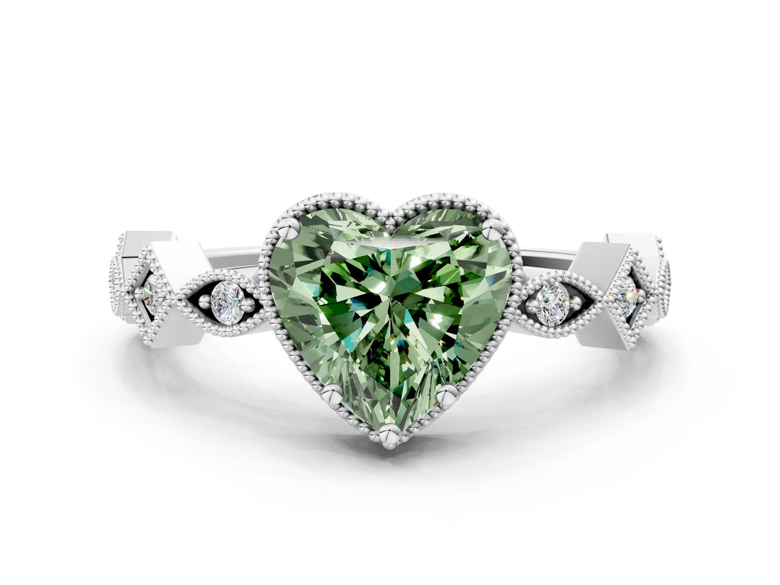 White gold Fancy Green Heart  Milgrain Marquise Diamond Twist Band Ring_62