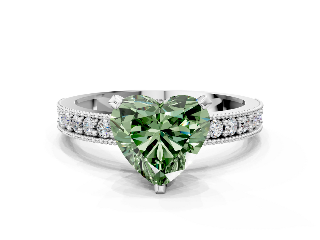 White gold Fancy Green Heart  Milgrain Pave Diamond Engagement Ring with Four-Prong Setting