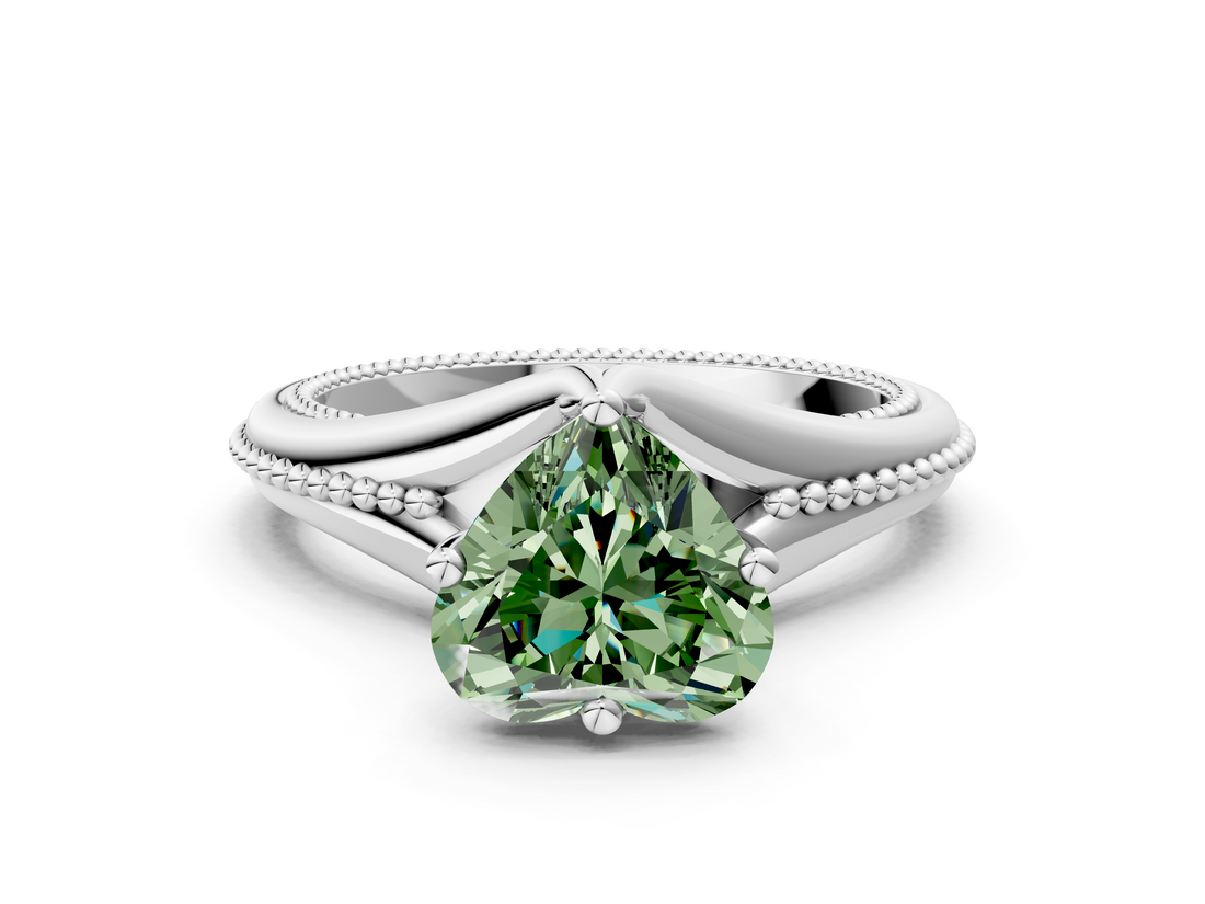 White gold Fancy Green Heart  Solitaire Beaded Band Six-Prong Setting