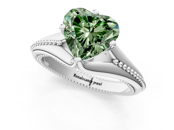 White gold Fancy Green Heart  Solitaire Beaded Band Six-Prong Setting