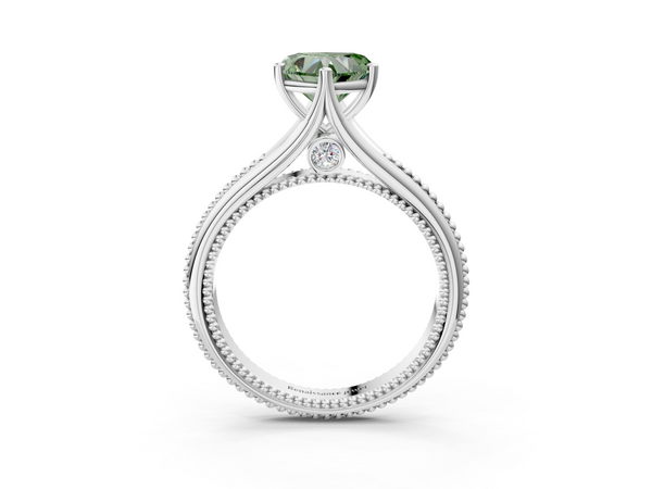 White gold Fancy Green Heart  Solitaire Beaded Band Six-Prong Setting