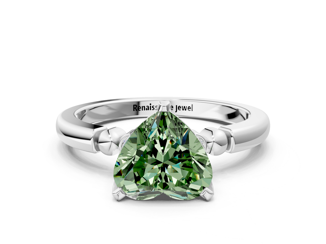 White gold Fancy Green Heart  Solitaire Beaded Band with Four-Prong Setting