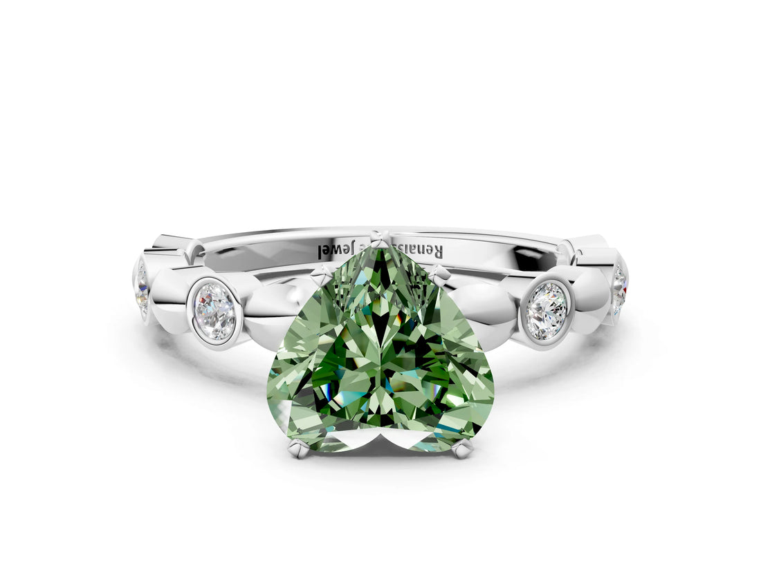 White gold Fancy Green Heart  Solitaire Bezel-Set Diamond Ring with Beaded Band and Four-Prong Setting_29