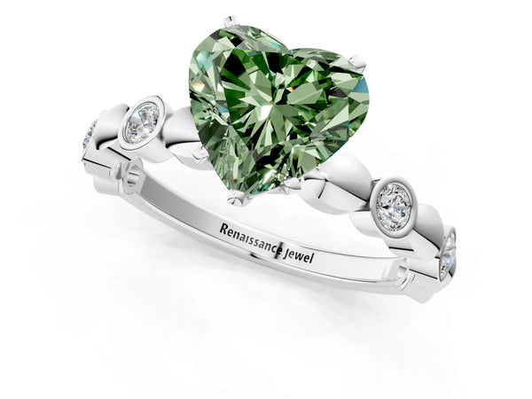 Platinum Fancy Green Heart  Solitaire Bezel-Set Diamond Ring with Beaded Band and Four-Prong Setting