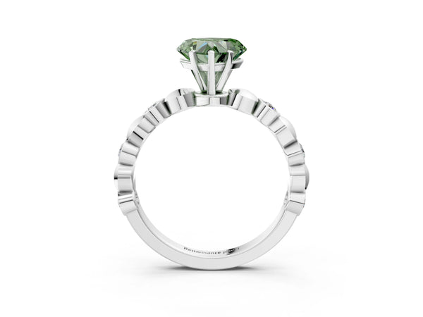 Platinum Fancy Green Heart  Solitaire Bezel-Set Diamond Ring with Beaded Band and Four-Prong Setting
