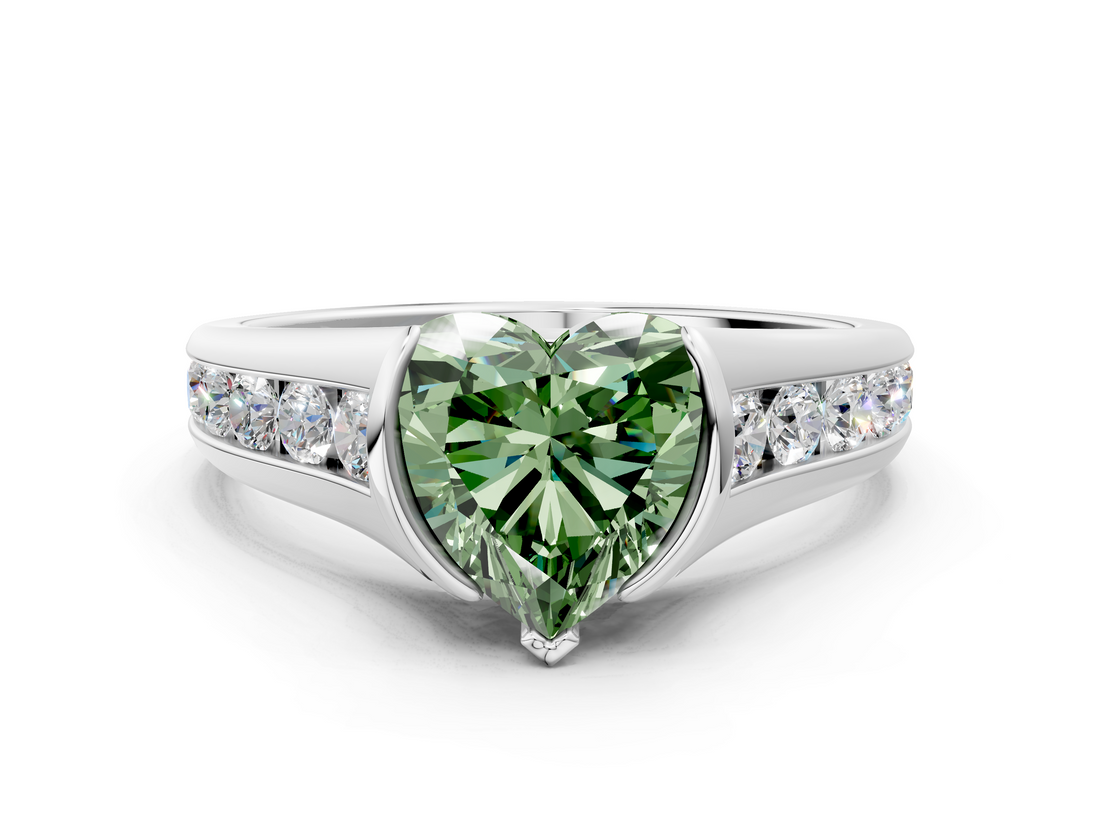 White gold Fancy Green Heart  Solitaire Bezel-Set Diamond Ring with Channel-Set Band