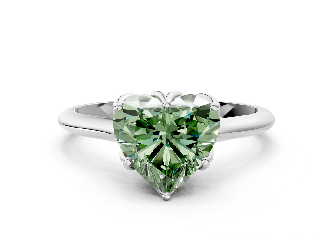White gold Fancy Green Heart  Solitaire Cathedral Diamond Ring with Six-Prong Setting