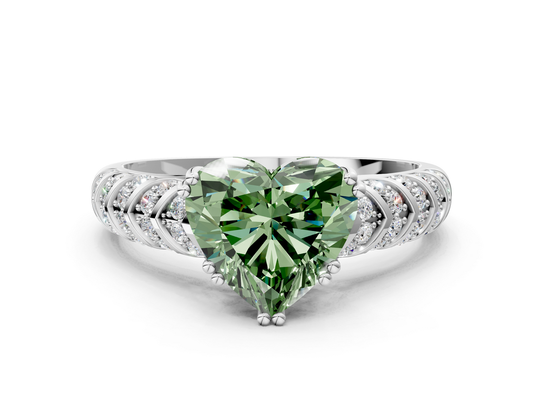 White gold Fancy Green Heart  Solitaire Chevron Pave Diamond Engagement Ring with Six-Prong Setting