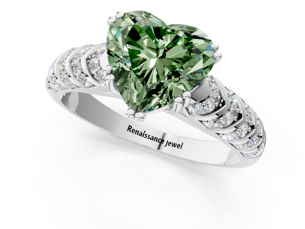 Sterling Silver Heart-Shaped Chevron Pave Solitaire Engagement Ring Setting for Fancy Green Center