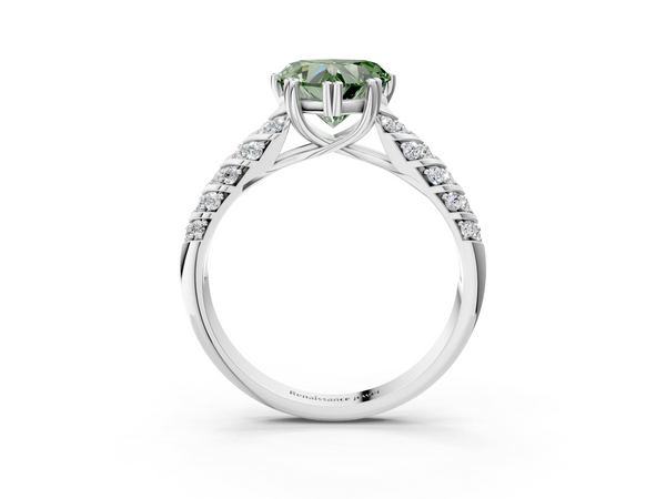Platinum Heart-Shaped Chevron Pave Solitaire Engagement Ring Setting for Fancy Green Center