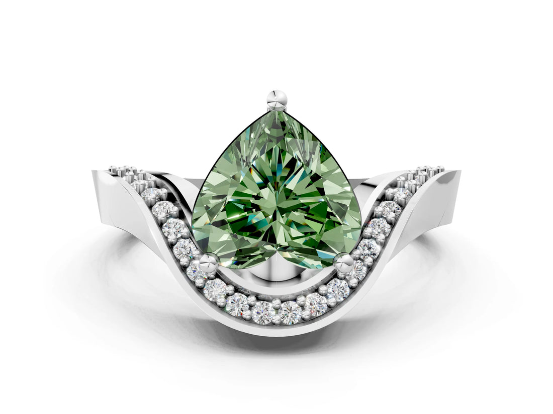 White gold Fancy Green Heart  Solitaire Diamond Engagement Ring with Pave Band and Four-Prong Setting 1