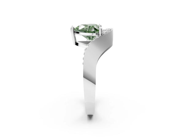 White gold Fancy Green Heart  Solitaire Diamond Engagement Ring with Pave Band and Four-Prong Setting