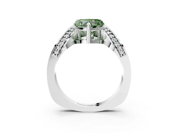 White gold Fancy Green Heart  Solitaire Diamond Engagement Ring with Pave Band and Four-Prong Setting