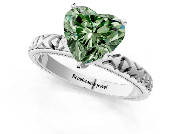 White gold Fancy Green Heart  Solitaire Diamond Engagement Ring with XO Engraved Band and Four-Prong Setting