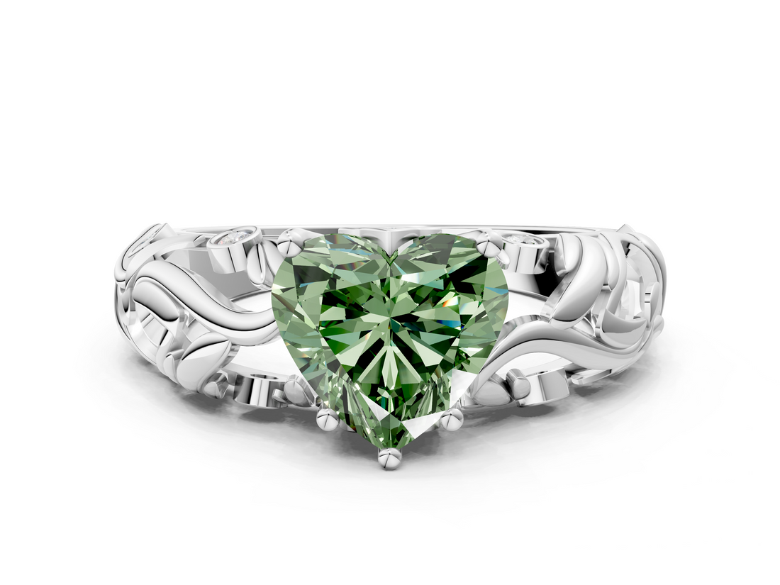 White gold Fancy Green Heart  Solitaire Diamond Leaf Vine Band with Prong Setting
