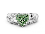 White gold Fancy Green Heart  Solitaire Diamond Leaf Vine Band with Prong Setting