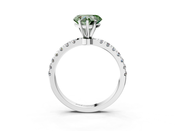White gold Fancy Green Heart Cut Diamond Solitaire Ring with Pavé Accents and Four-Prong Setting