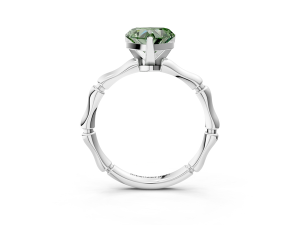 White gold Fancy Green Heart  Solitaire Diamond Ring with Bamboo Band and Four-Prong Setting