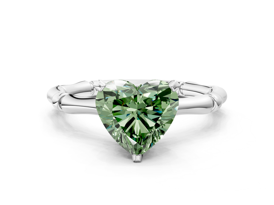 White gold Fancy Green Heart  Solitaire Diamond Ring with Bamboo Band and Four-Prong Setting