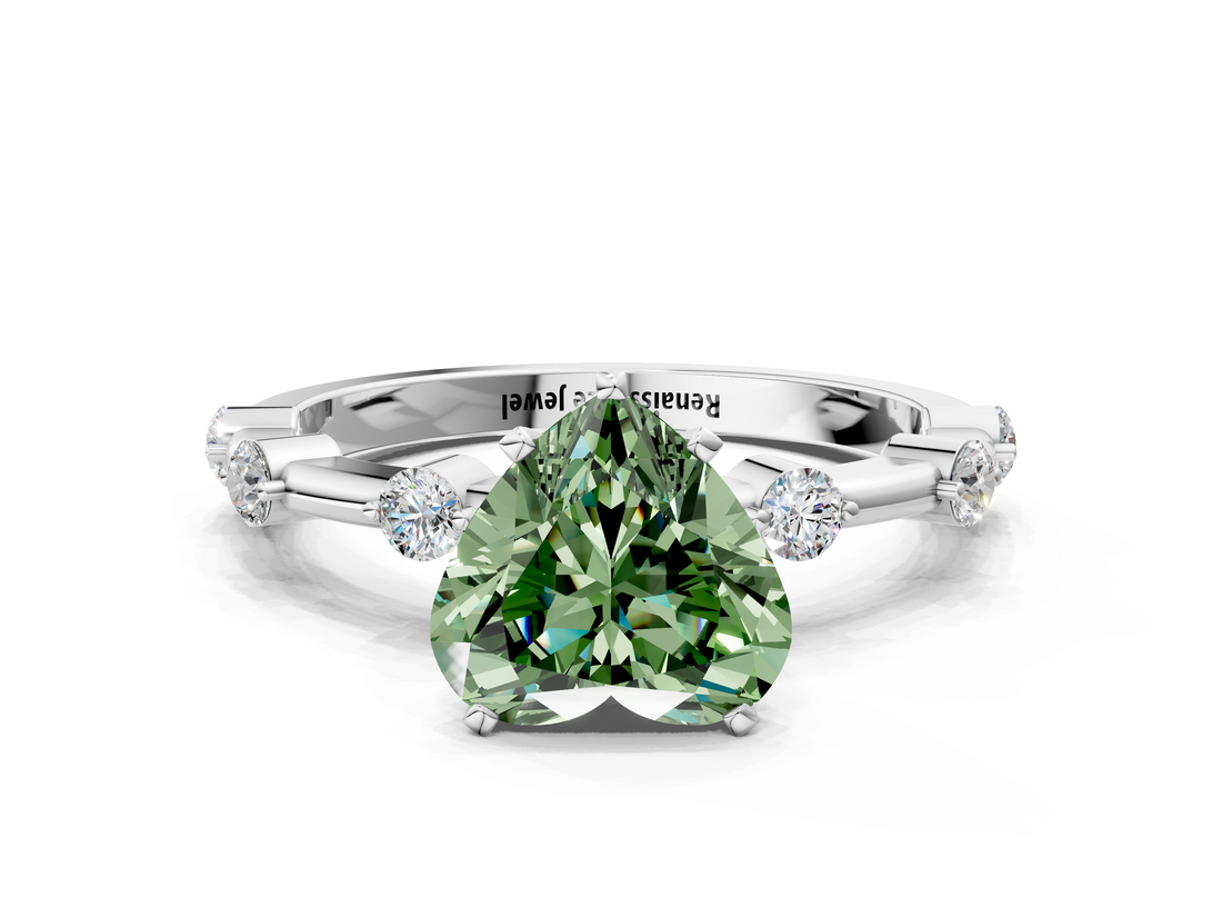 White gold Fancy Green Heart  Solitaire Diamond Ring with Bezel Set Side Stones and Prong Setting