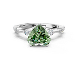 White gold Fancy Green Heart  Solitaire Diamond Ring with Bezel Set Side Stones and Prong Setting