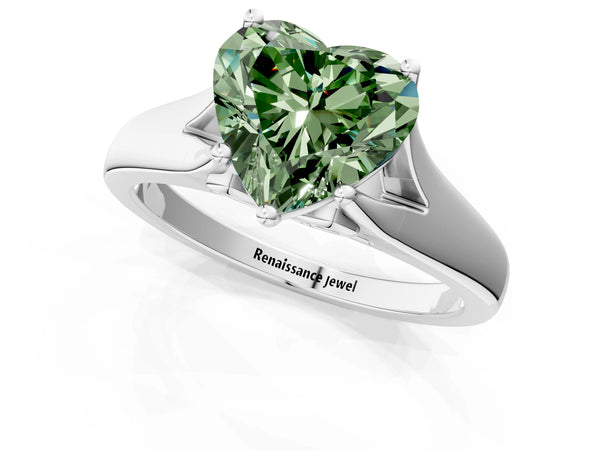 Platinum Fancy Green Heart  Solitaire Diamond Ring with Cathedral Band and Four-Prong Setting