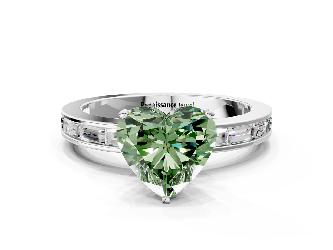 White gold Fancy Green Heart  Solitaire Diamond Ring with Channel-Set Baguette Band and Four-Prong Setting