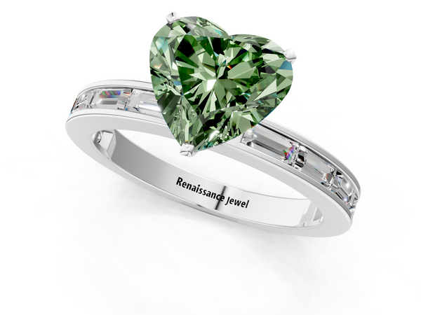 Platinum Fancy Green Heart  Solitaire Diamond Ring with Channel-Set Baguette Band and Four-Prong Setting