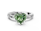 White gold Fancy Green Heart  Solitaire Diamond Ring with Channel-Set Baguette Band and Four-Prong Setting