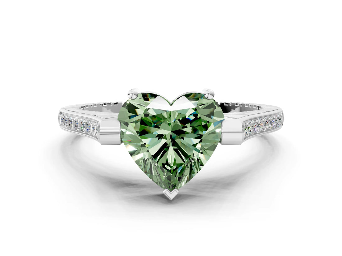 White gold Fancy Green Heart  Solitaire Diamond Ring with Channel Set Band and Bezel Prong Setting_91