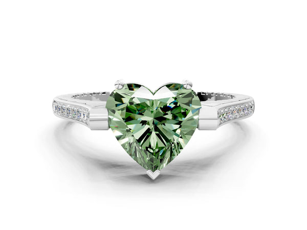 Platinum Fancy Green Heart  Solitaire Diamond Ring with Channel Set Band and Bezel Prong Setting