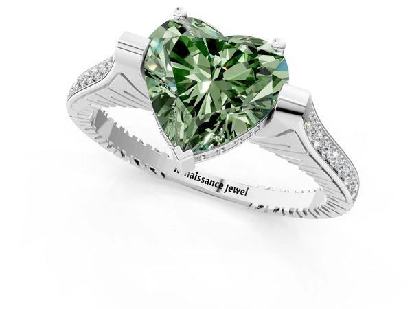 Platinum Fancy Green Heart  Solitaire Diamond Ring with Channel Set Band and Bezel Prong Setting