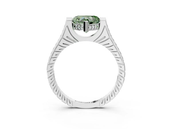 Platinum Fancy Green Heart  Solitaire Diamond Ring with Channel Set Band and Bezel Prong Setting