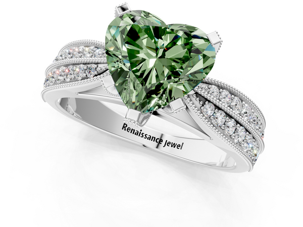 White gold Fancy Green Heart  Solitaire Diamond Ring with Milgrain Pavé Band and Four-Prong Setting