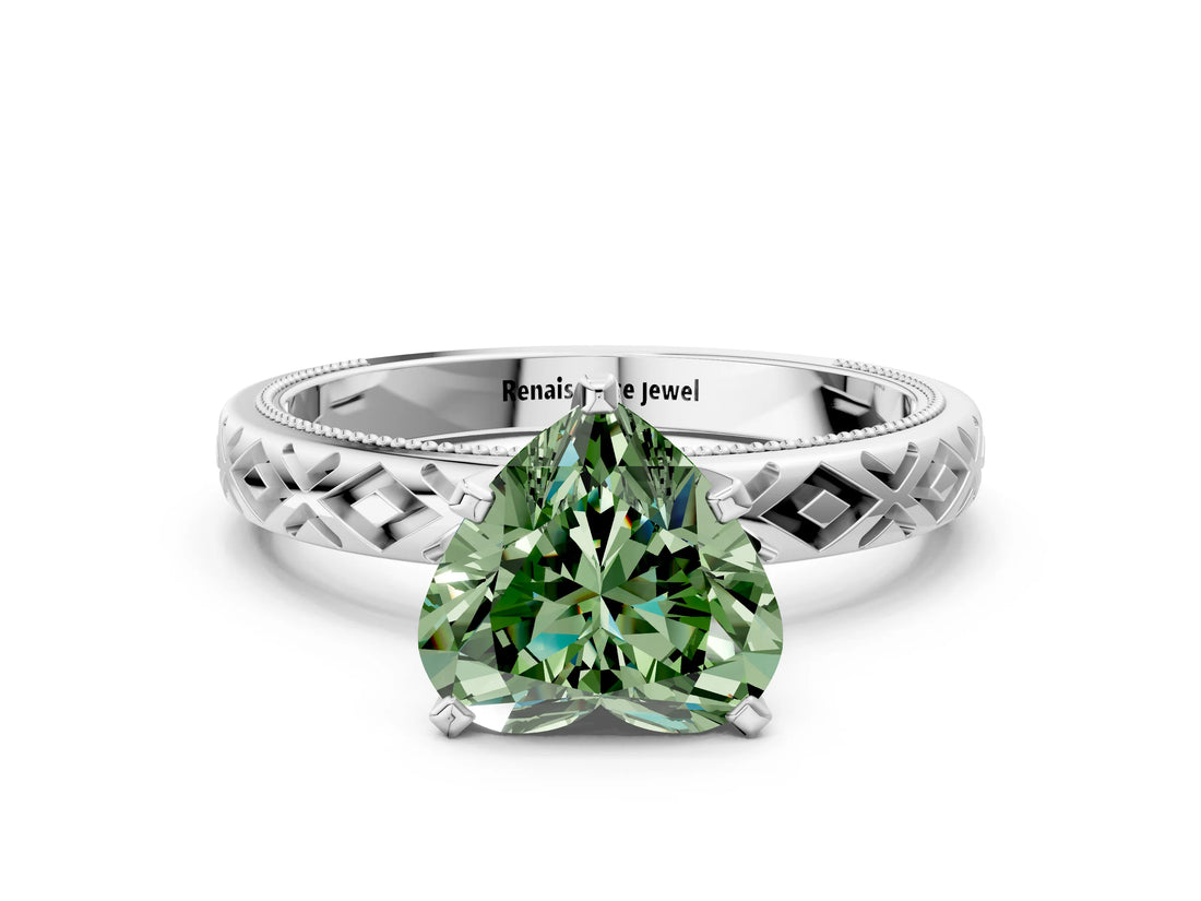 White gold Fancy Green Heart  Solitaire Diamond Ring with Milgrain and Black Enamel X Pattern Band_29