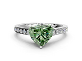 White gold Fancy Green Heart  Solitaire Diamond Ring with Pavé Band and Four-Prong Setting