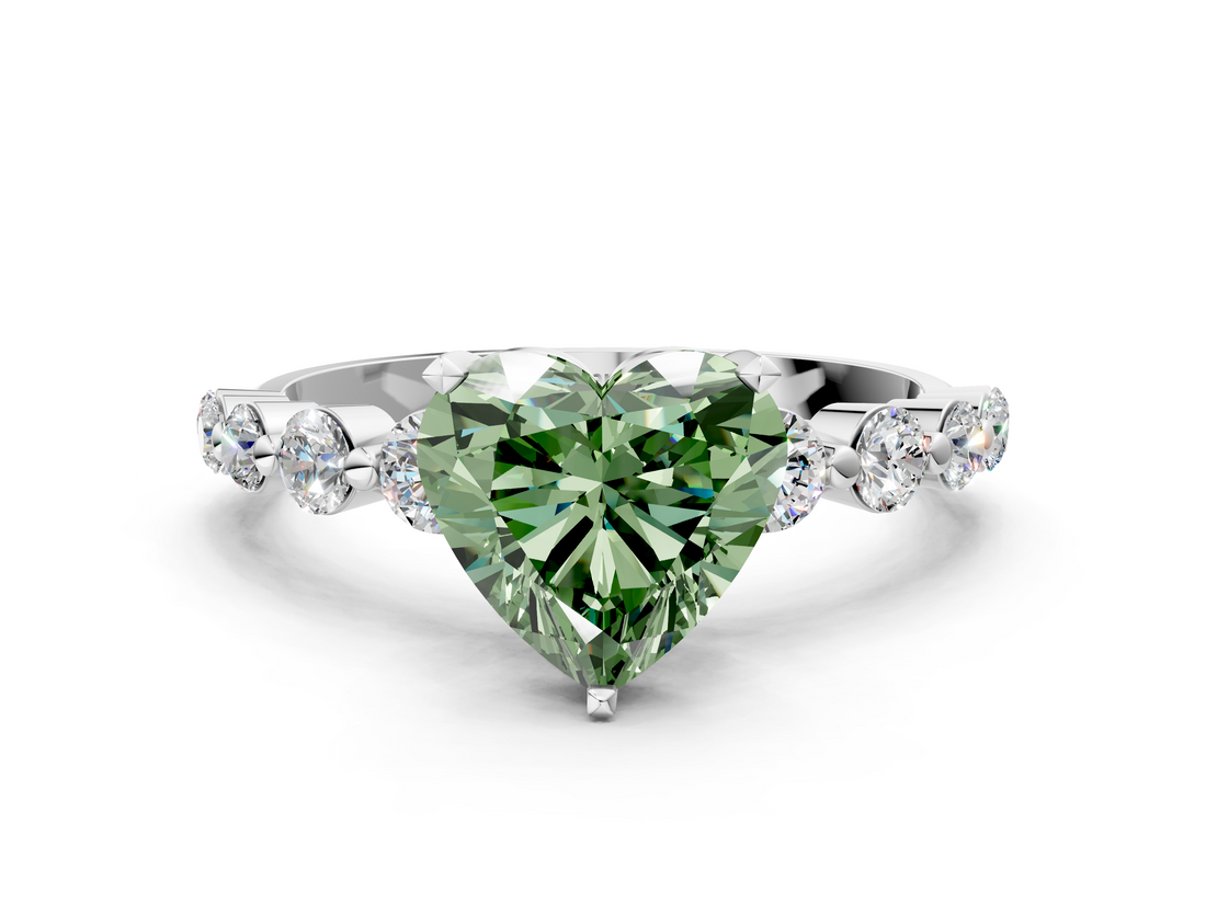 White gold Fancy Green Heart  Solitaire Diamond Ring with Pave Band and Four-Prong Setting