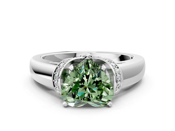 White gold Fancy Green Heart  Solitaire Diamond Ring with Pave Band and Six-Prong Setting