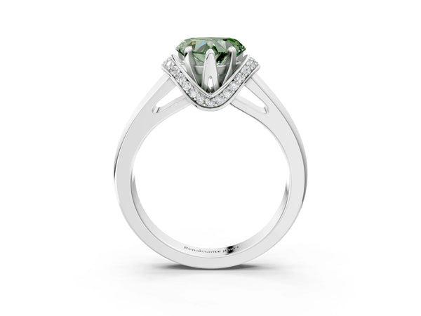 White gold Fancy Green Heart  Solitaire Diamond Ring with Pave Band and Six-Prong Setting
