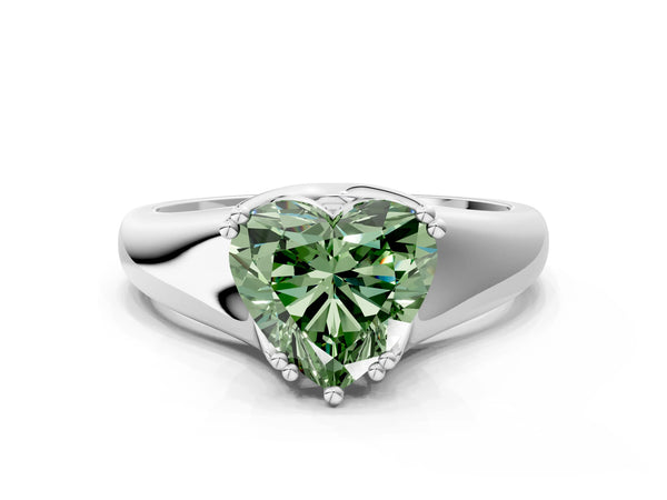 White gold Fancy Green Heart Cut Diamond Solitaire Ring with Wide Band and Prong Setting