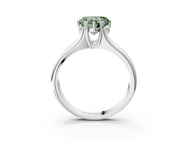 White gold Fancy Green Heart Cut Diamond Solitaire Ring with Wide Band and Prong Setting
