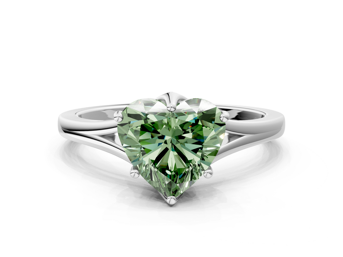 White gold Fancy Green Heart  Solitaire Diamond Ring with Six-Prong Setting and Tapered Band