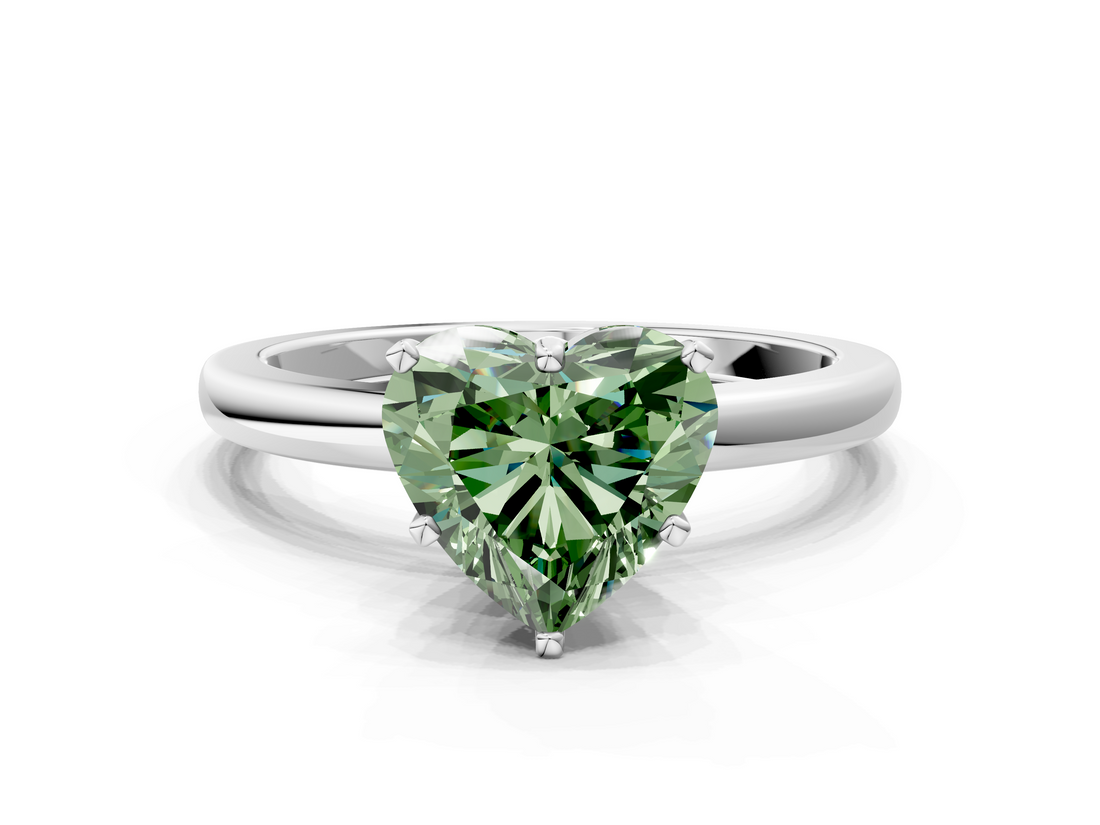 White gold Fancy Green Heart  Solitaire Diamond Ring with Six-Prong Setting on a Classic Band
