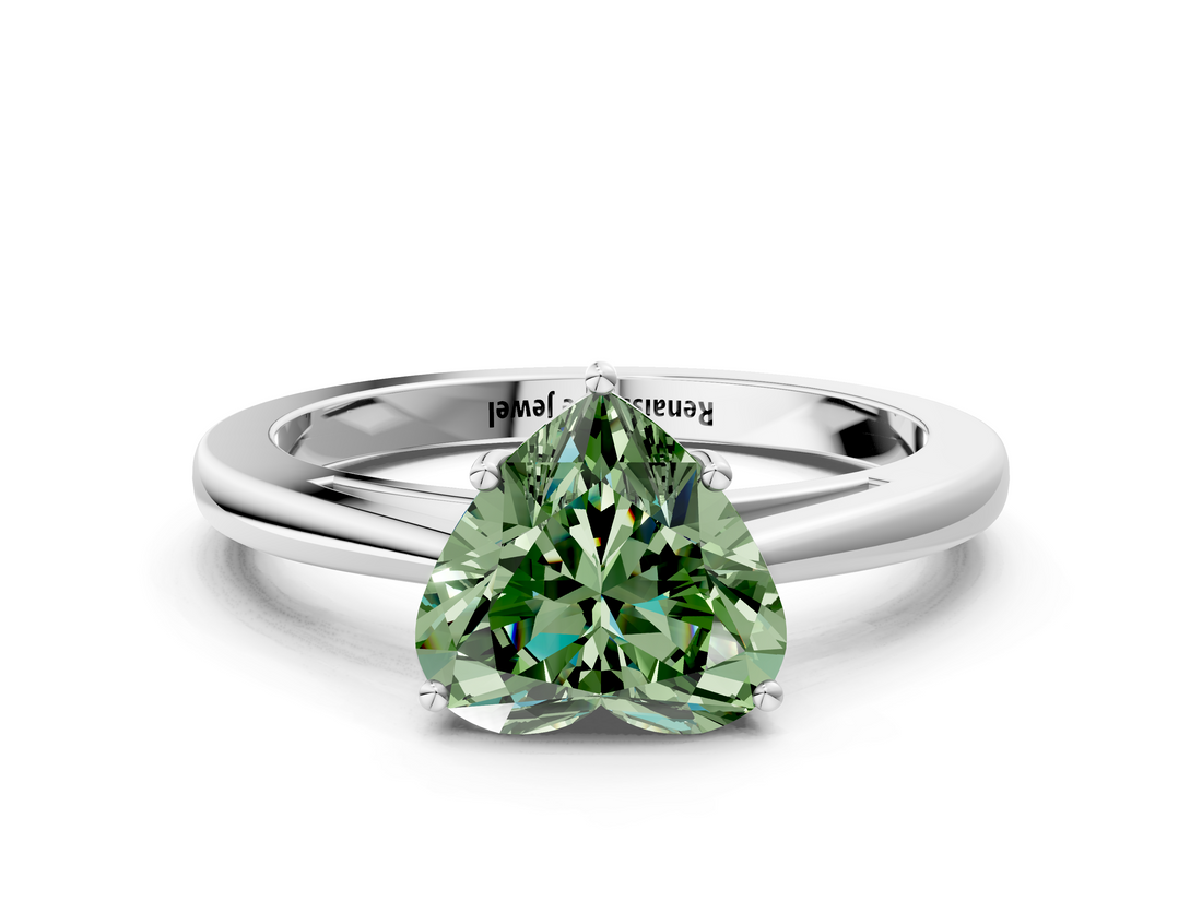 White gold Fancy Green Heart  Solitaire Diamond Ring with Split Shank and Four-Prong Setting