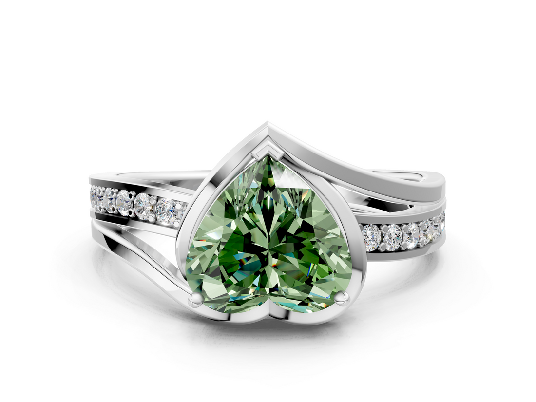 White gold Fancy Green Heart  Solitaire Diamond Ring with Split Shank and Prong Setting_17