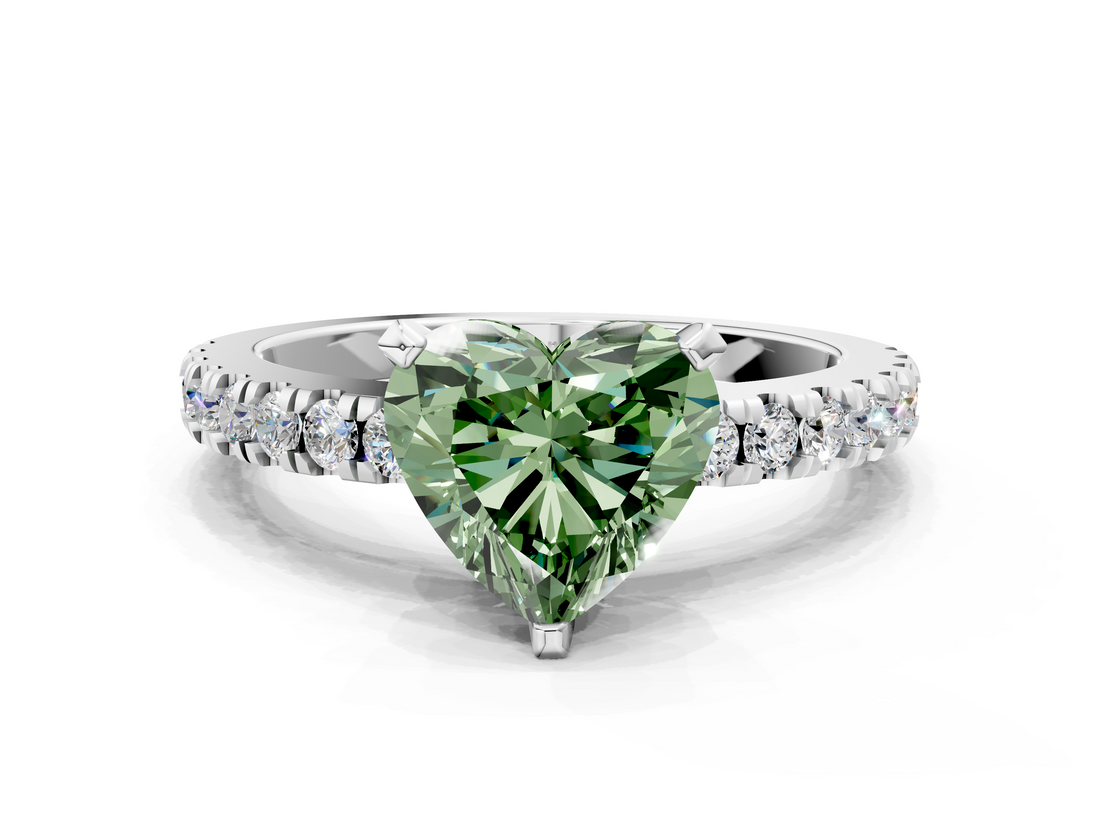 White gold Fancy Green Heart  Solitaire Diamond with Pavé Band and Four-Prong Setting