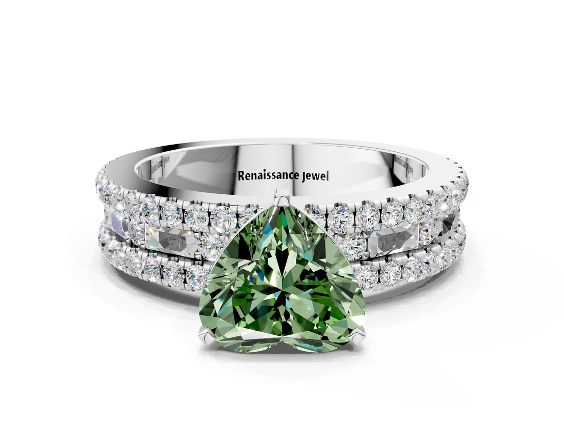 White gold Fancy Green Heart  Solitaire Diamond with Pave and Channel Set Band