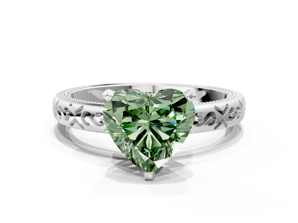 Platinum Fancy Green Heart  Solitaire Engagement Ring with Scrollwork Band and Four-Prong Setting