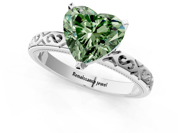 Platinum Fancy Green Heart  Solitaire Engagement Ring with Scrollwork Band and Four-Prong Setting